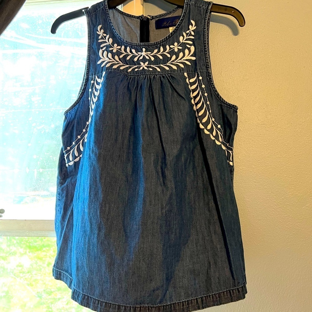 NWOT Francesca’s Blue Rain Embroidered Denim Sleveless Denim Top Medium